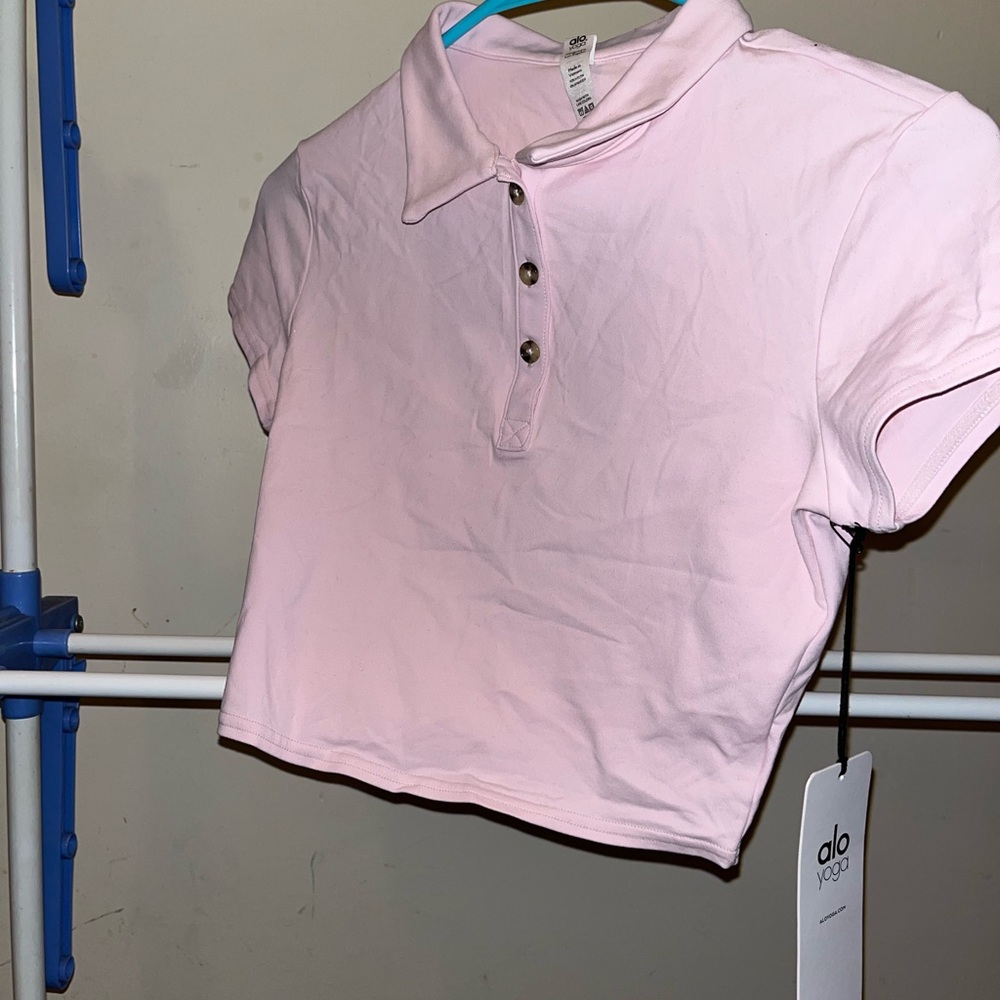 ALO Yoga Pink Button Down Cropped Polo